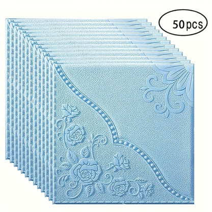Fifty-Piece Embossed Floral-Curve Wall Tile Sticker Set with 35 cm Square Panels in Four Colors