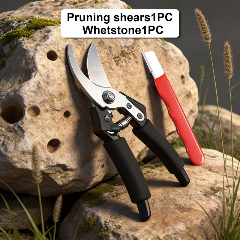 Stainless Steel Pruning Shears, 8.27 Inches with Sharpening Stone in One- or Two-Set Options