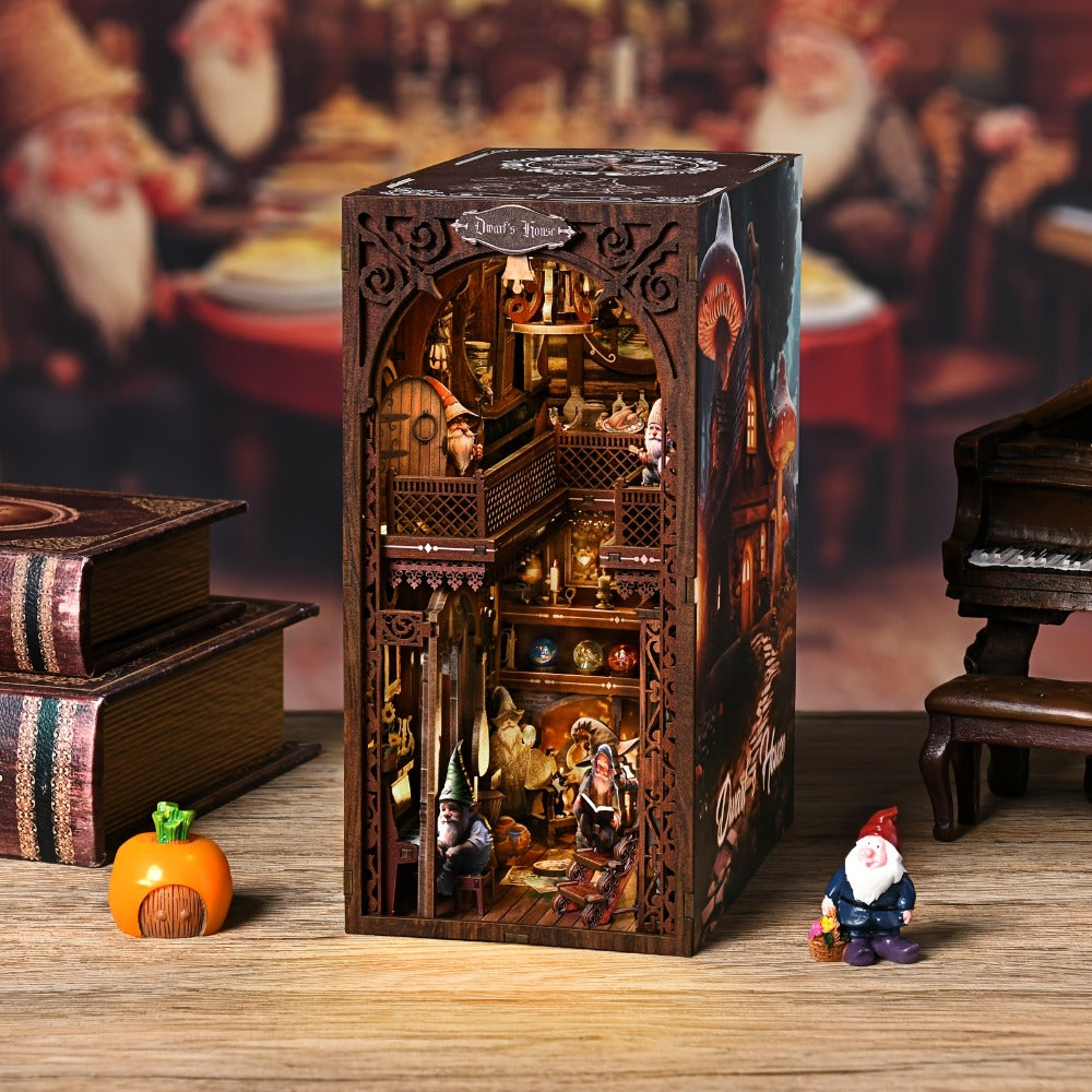 Dwarf’s House Book Nook Kit KT01 with 275-Piece Fantasy Workshop Scene, Warm Light and Sensor Switch