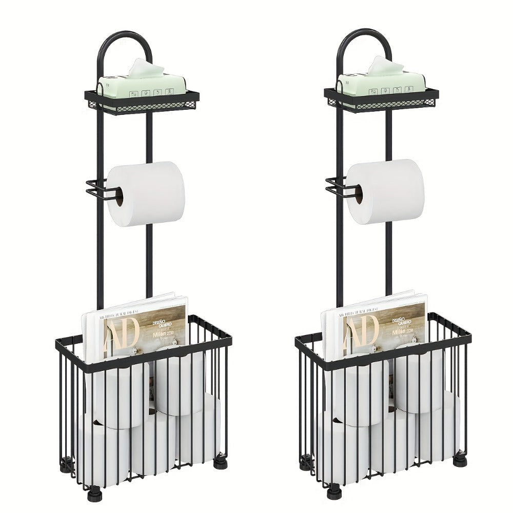 Freestanding Toilet Paper Holder with Rectangular Six-Roll Storage Basket, Upper Shelf and Pack Options