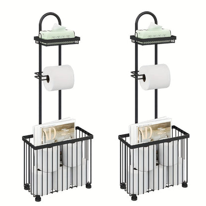 Freestanding Toilet Paper Holder with Rectangular Six-Roll Storage Basket, Upper Shelf and Pack Options