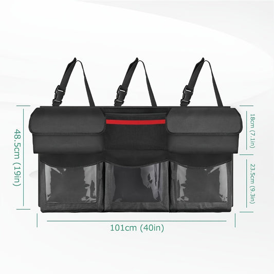 Suspended Car Trunk Organizer – Foldable Rear Seat Cargo Storage Bag with 6 Large Pockets & 3 Adjustable Straps, 40x19 Inch Trunk Organizer for Car