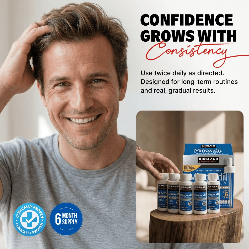 Minoxidil 5% Extra Strength Topical Solution for Men Hair Regrowth - Kirkland Signature 6-Month Supply, 6 x 60ml Bottles with Precision Dropper Applicator, Clinically Proven