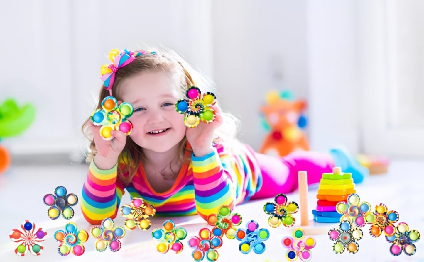 Thirty-Two-Piece Bubble Pop Fidget Spinner Assortment with Colorful Mixed Flower and Round Shapes