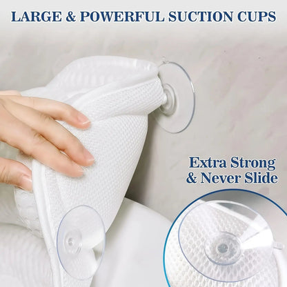 Contoured Bathtub Neck and Back Cushion with 4D Air Mesh, Suction Cups and White or Gray Finish