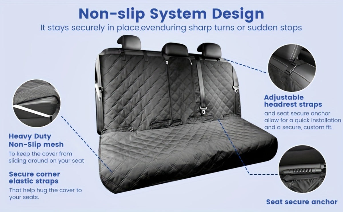 Black Quilted Rear Bench Car Seat Cover with Side Flaps and M, L or XL Three-Seat Vehicle Size Labels