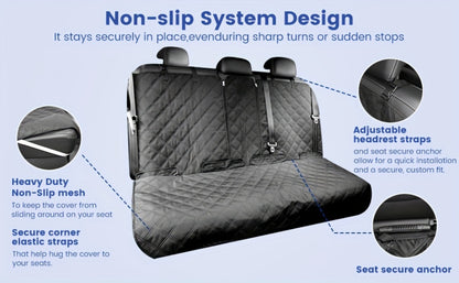 Black Quilted Rear Bench Car Seat Cover with Side Flaps and M, L or XL Three-Seat Vehicle Size Labels