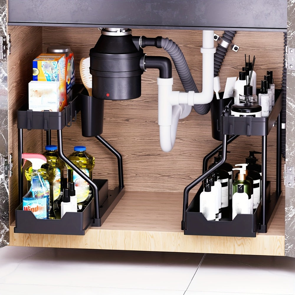 Under Sink Storage Organizer 2-Piece Sliding Shelf Set in Black or White for Kitchen and Bathroom