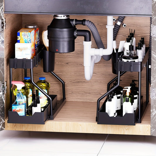 Under Sink Storage Organizer 2-Piece Sliding Shelf Set in Black or White for Kitchen and Bathroom