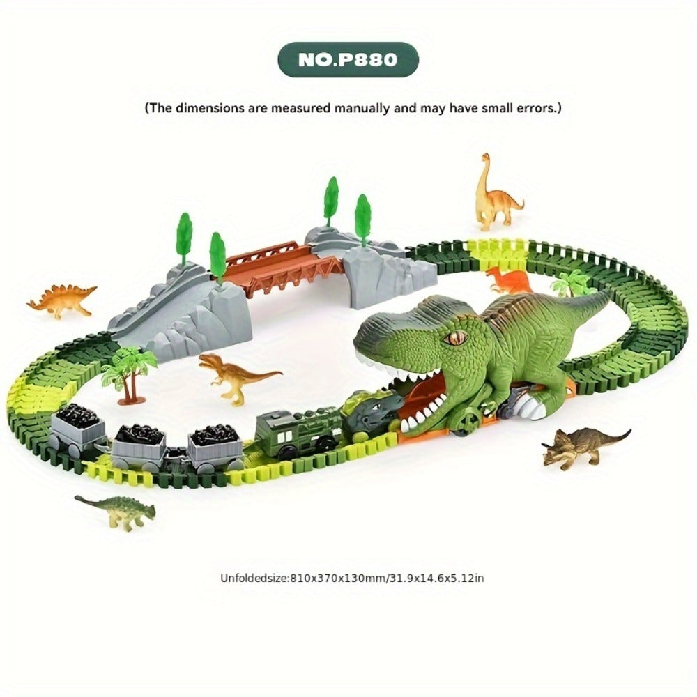 Electric Dinosaur Train Track Set 121pcs – Battery Powered Dino Swallowing Car Sliding Train Toy with Random Car Combinations for Boys Girls Kids Ages 3 4 5 6+