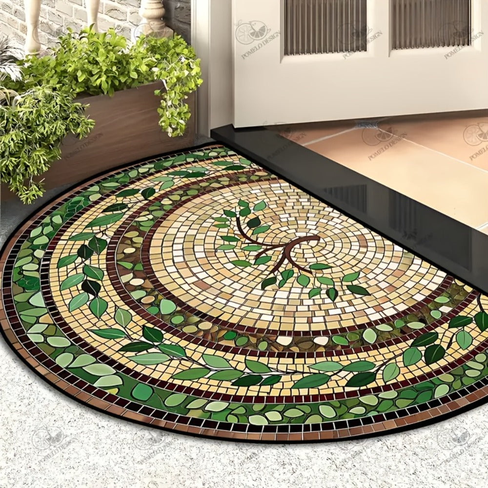 Green Leaf Mosaic Door Mat with Half-Round Shape, Concentric Decorative Borders and 32 x 20-Inch Size