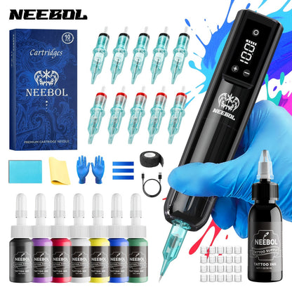Tattoo Machine Kit Neebol Cordless Rotary Pen with 2000mAh Battery, 10 Cartridges, 7 Inks and Green Soap