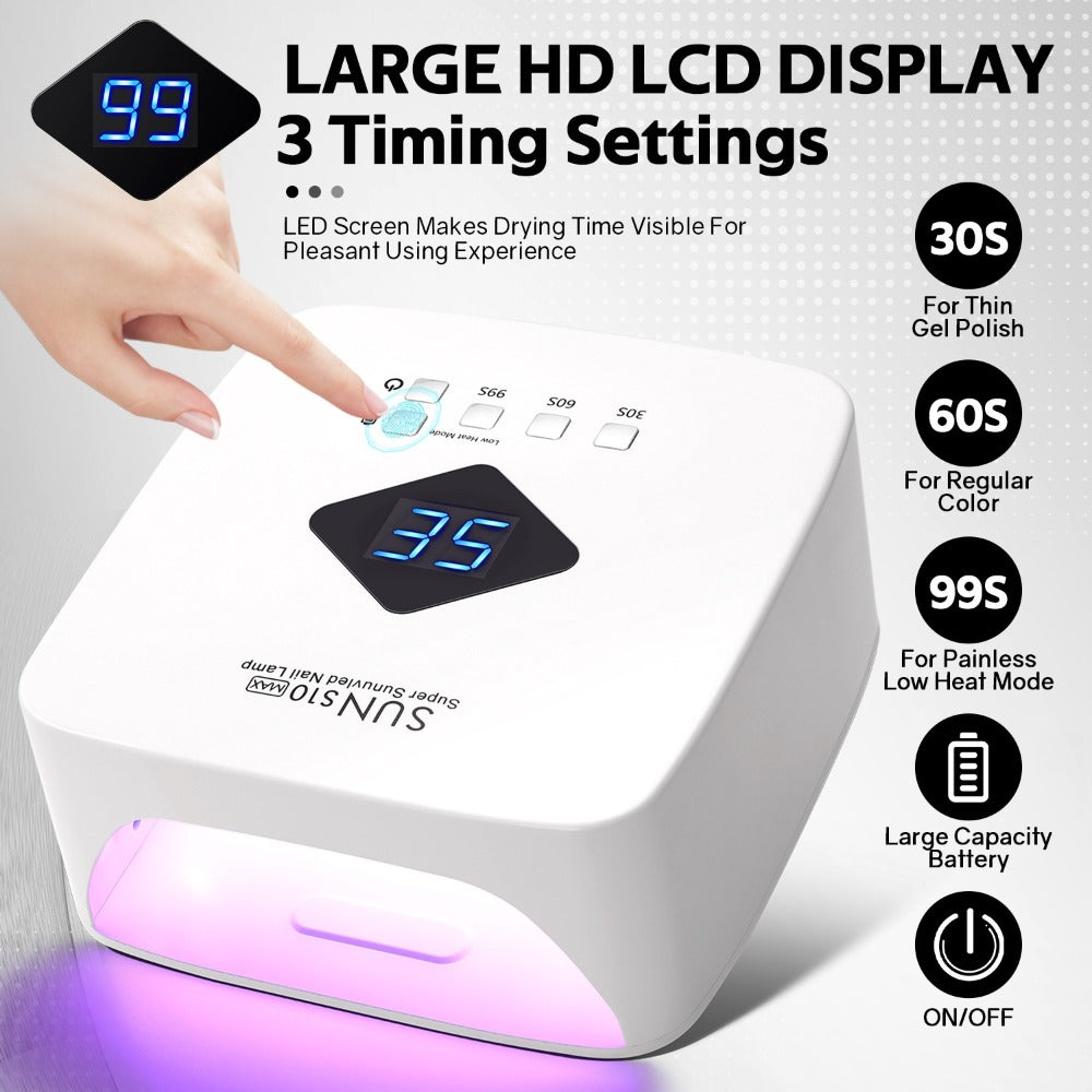 Wireless 30-Bead UV LED Nail Lamp in White with Three Timer Settings and SUN-S10MAX Model Label