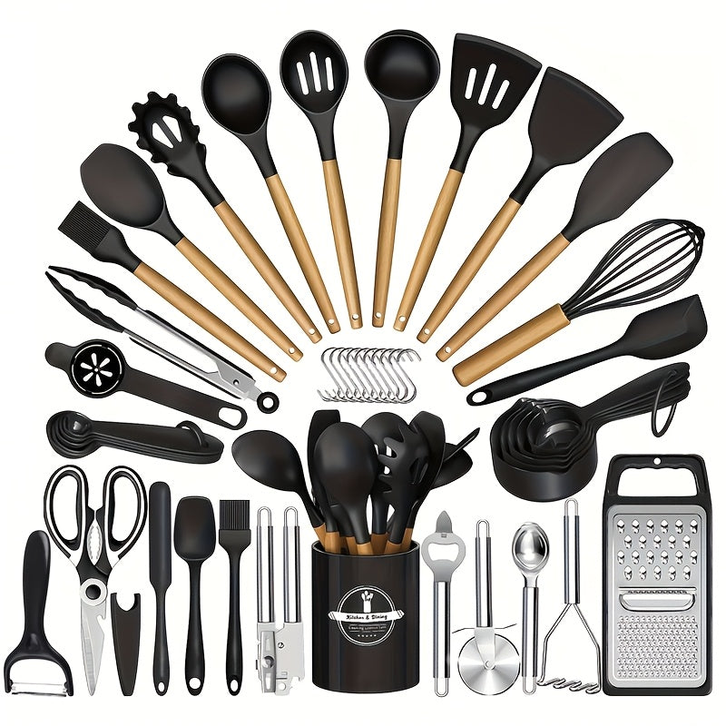 Silicone Kitchen Utensils Set 45pcs – Cooking Utensils for Nonstick Cookware, Stainless Steel Handle Spatulas, Heat Resistant Kitchen Gadgets & Tools, Pots and Pans Accessories, Black