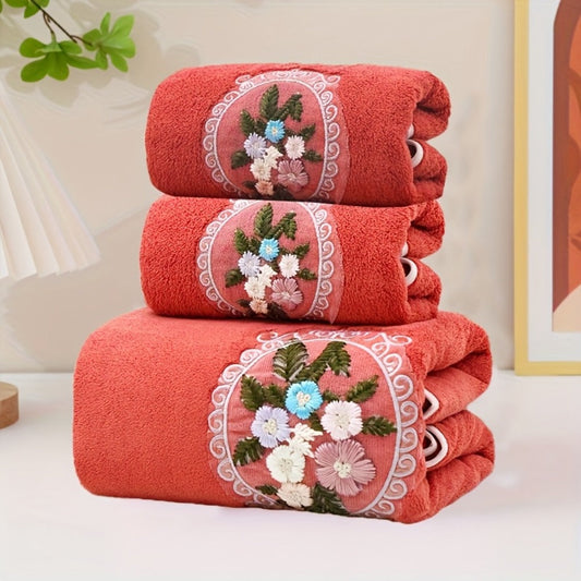 Towel Set 3-Piece Embroidered Flower Bath and Face Towels in White, Blue, Pink or Gray for Home and Guest Use