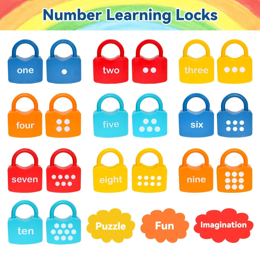 Ten-Piece Number Lock and Key Matching Set with Color-Coded Locks for Counting One Through Ten