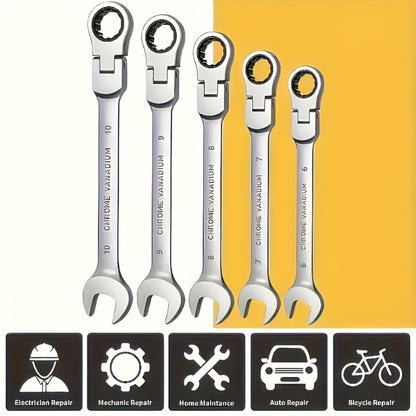 CR-V Flex Head Ratchet Wrench Set 5-Piece – 2-in-1 Reversible Open End & Hex Socket Dual-Purpose Kit | Automotive Engine Bay, Plumbing, DIY Workshop & Confined Space Repair