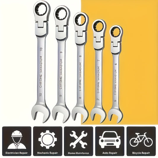 CR-V Flex Head Ratchet Wrench Set 5-Piece – 2-in-1 Reversible Open End & Hex Socket Dual-Purpose Kit | Automotive Engine Bay, Plumbing, DIY Workshop & Confined Space Repair