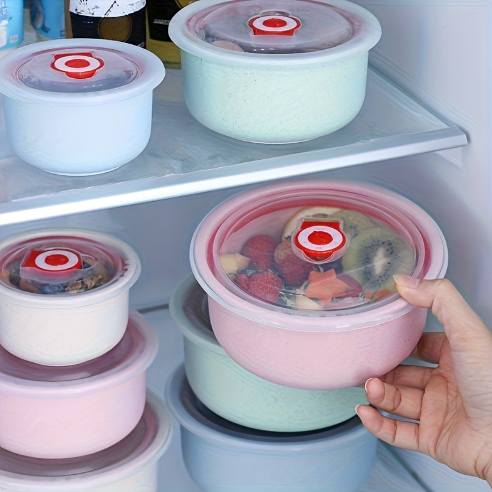 Food Storage Container Refrigerator Set with Three or Four Round Boxes, Flip Lids and Nested Capacities