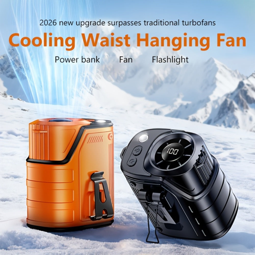 Portable Fan, 3600mAh Three-in-One Waist Clip Model with Adjustable Speeds, LED Flashlight and Digital Display