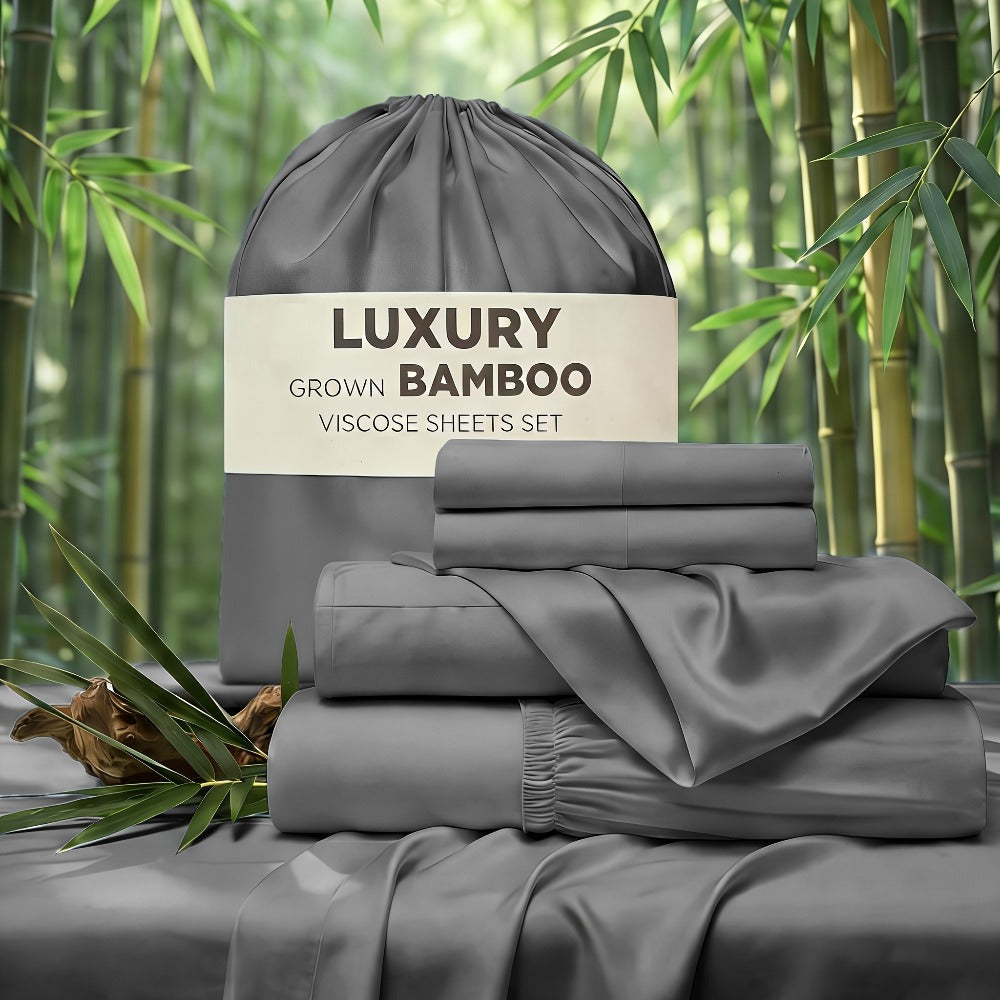 Bed Sheet Set 4-Piece Bamboo-Derived Rayon with Deep-Pocket Fitted Sheet in Twin, Full, Queen and King Sizes