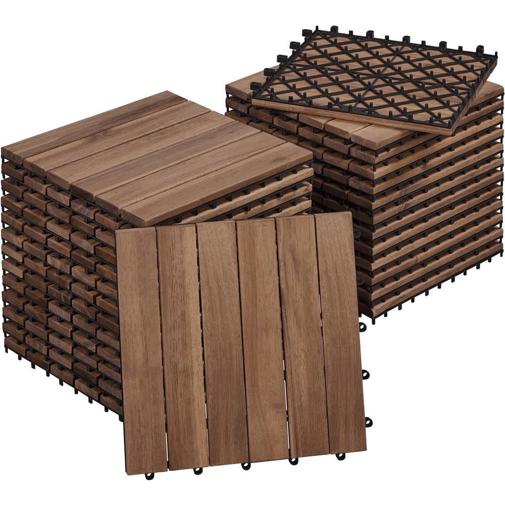 Acacia Wood Deck Tiles Interlocking Outdoor Flooring, Water-Resistant Non-Slip Patio Tiles, Easy Snap DIY Installation for Deck, Garden, Poolside, Balcony – 10pcs & 27pcs Sets Available