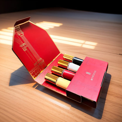Perfume Gift Set Four Mini Spray Bottles in 20ml or 30ml Sizes with Mixed Bottle Shapes and Fitted Box