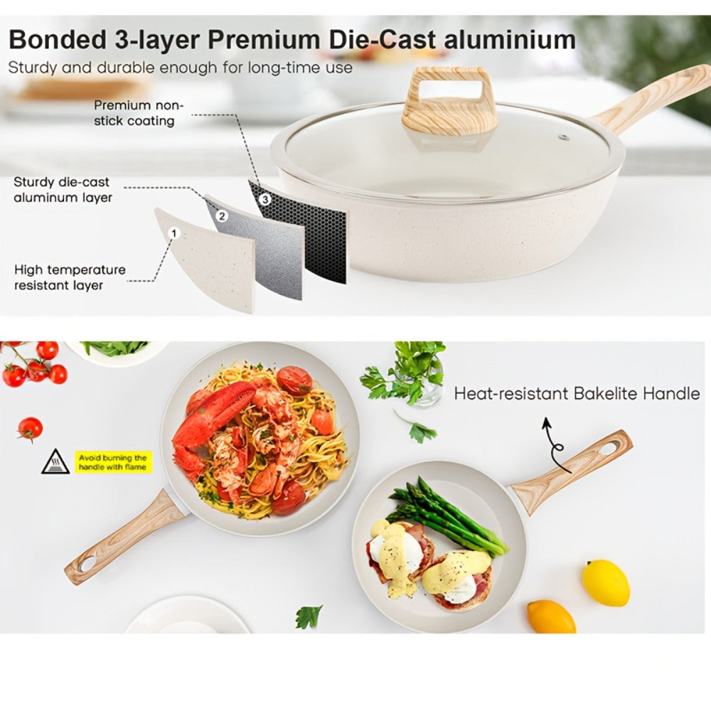 Cookware Set, 12-Piece Granite-Coated Aluminum Pots and Pans with Glass Lids, Pan Protectors and Two Color Options