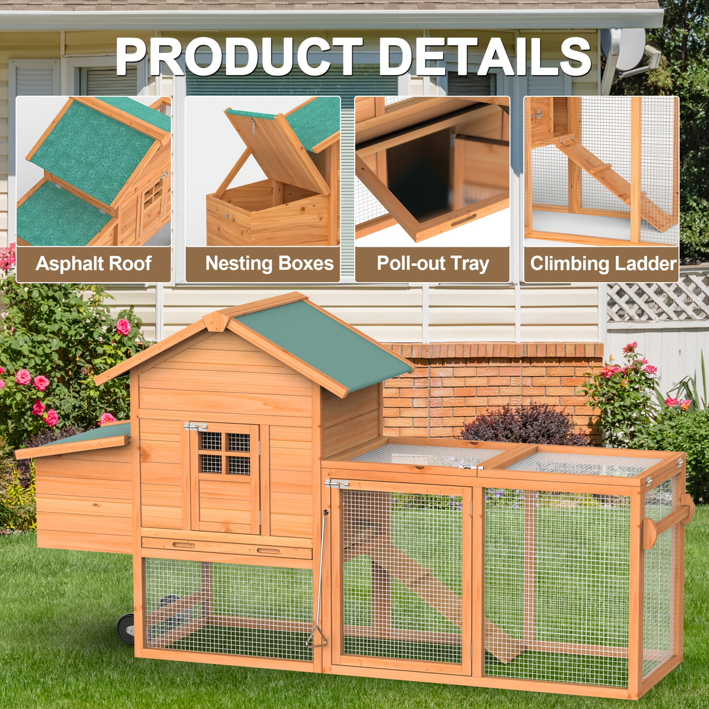 Chicken Coop on Wheels with Nesting Box & Removable Tray | Portable Wooden Hen House for 3-4 Hens with Expandable Run, Wood or Sunshine Board Roof