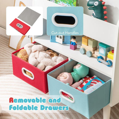 Kids Bookshelf 3-Tier with 2 Fabric Bins Open Compartments Anti-Tip Safety Design Sturdy MDF Children Book Organizer Display Rack for Playroom Nursery Classroom Bedroom Toddlers Age 3+