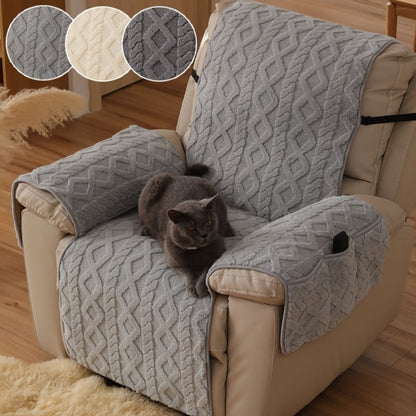 Quilted Recliner Chair Cover with Armrest Panels, Side Pocket and Elastic Straps in Three Neutral Colors