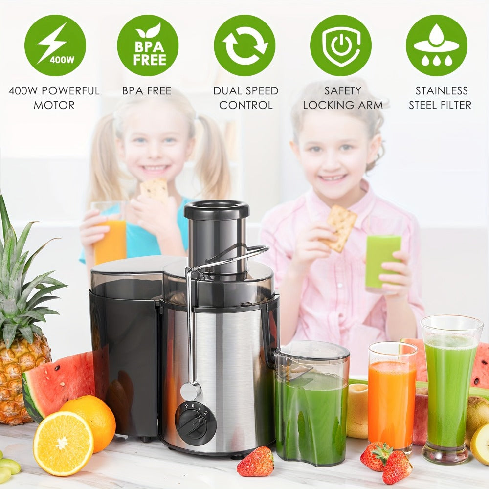 Black-and-Silver Centrifugal Juicer with Rear Pulp Bin, Juice Cup and 8cm-Labeled Feed Opening