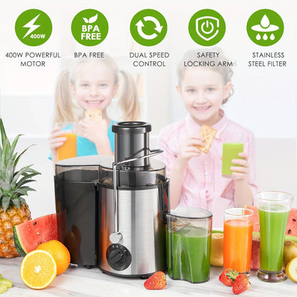 Black-and-Silver Centrifugal Juicer with Rear Pulp Bin, Juice Cup and 8cm-Labeled Feed Opening