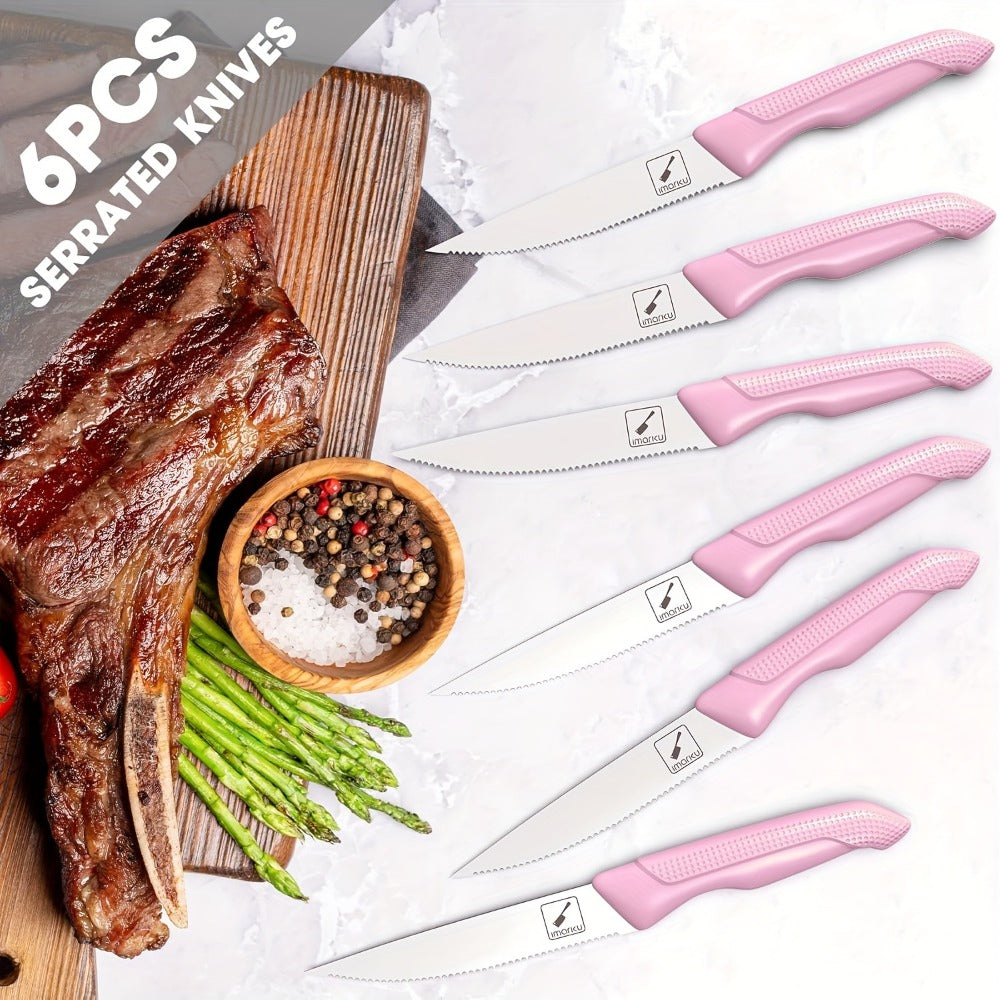 Kitchen Knife Set by imarku, 14-Piece Pink Stainless Steel Block with Six Steak Knives, Shears and Built-In Sharpener