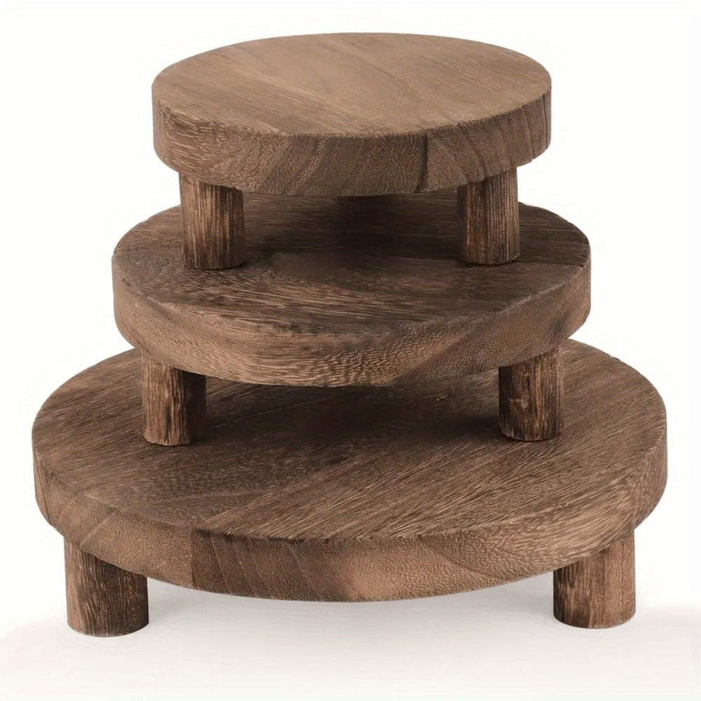 Round Wooden Display Risers, 3-Piece Rustic Pedestal Stand Set in 5, 6 and 7.7-Inch Sizes for Plants and Home Decor