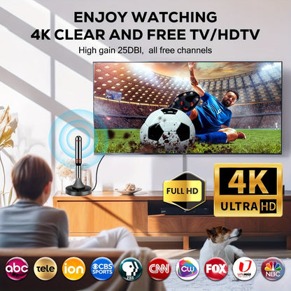 Amplified Indoor HDTV Antenna with Signal Booster & Removable Amplifier - 4K 1080p 360° Reception, Free Local Channels ABC CBS NBC FOX, No Cable or Satellite Fees, Easy Install for Smart TV