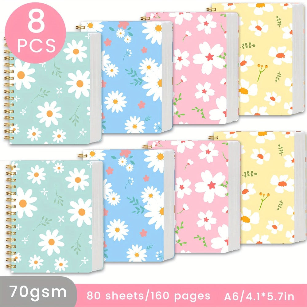 Eight-Pack A6 Floral Spiral Notebooks with Four Designs, Ruled Pages and Tear-Off Binding Pictured