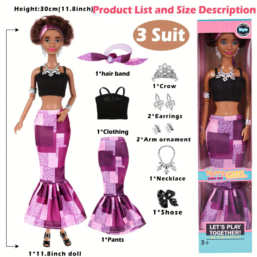 Six-Piece 11.5-Inch Fashion Doll Set with Curly-Hair Styles, Bohemian Outfits, Headbands and Jewelry