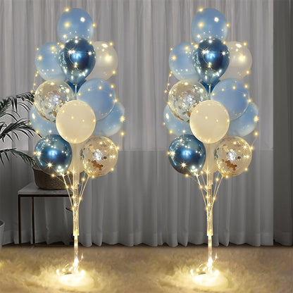 Party Decorations Two Blue Floor Balloon Holder Stands with LED String Lights and 55 or 67-Inch Heights
