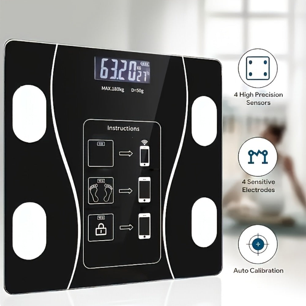 Black Glass Digital Bathroom Scale with Four Electrode Pads, Blue Display and Four Style Options