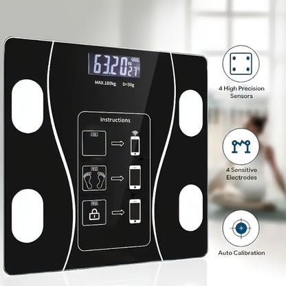 Black Glass Digital Bathroom Scale with Four Electrode Pads, Blue Display and Four Style Options