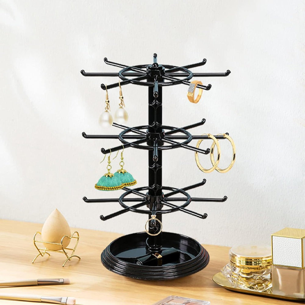 Rotating Jewelry Stand 2-Tier Black – Necklace Bracelet Earring Organizer Display Rack, Plastic Hanging Jewelry Tower for Dressing Table Counter, Keychain Holder, No Electricity Needed