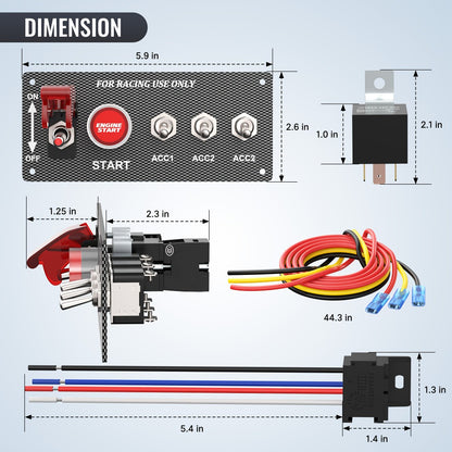 5-in-1 Ignition Switch Panel 12V 30A - Push Start Button Racing Toggle Switch Kit, Aluminum Carbon Fiber Panel for Car Truck Boat RV Race Vehicle