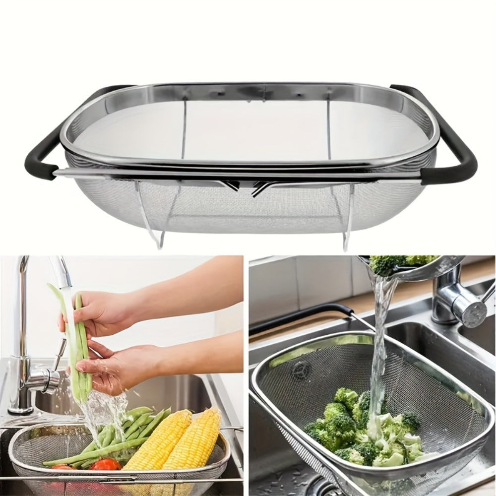 Stainless Steel Colander Expandable Fine Mesh Drain Basket Strainer for Vegetables Fruits Pasta Rice Kitchen Sink Washing Bowl Food Strainer