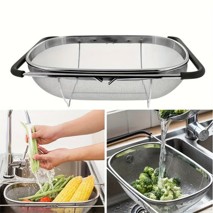 Stainless Steel Colander Expandable Fine Mesh Drain Basket Strainer for Vegetables Fruits Pasta Rice Kitchen Sink Washing Bowl Food Strainer