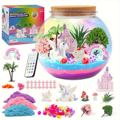 Unicorn Terrarium Craft Kit with Decorative Globe, Multicolor LED Light, Remote and Layered Sand Accessories