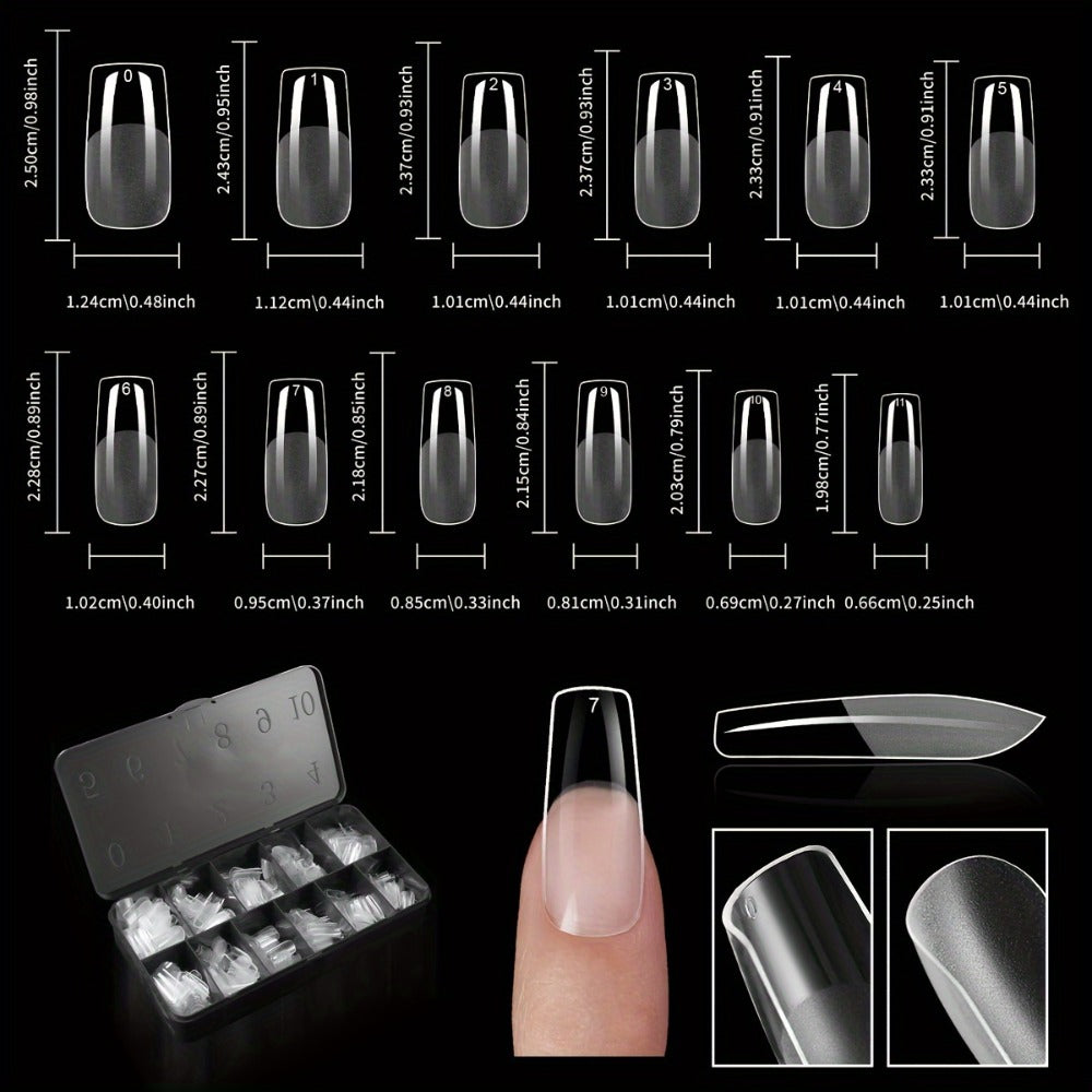 Clear Full-Cover Nail Tips, 600-Piece Set in Nine Almond, Oval, Stiletto, Coffin and Square Length Options