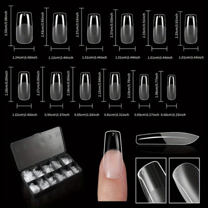 Clear Full-Cover Nail Tips, 600-Piece Set in Nine Almond, Oval, Stiletto, Coffin and Square Length Options