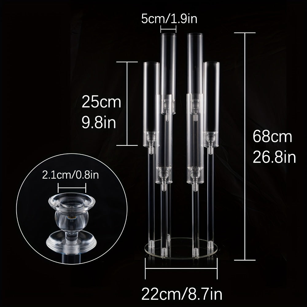 Clear Acrylic Six-Arm Candelabra with 68cm Height, 22cm Round Base and 2-, 4-, 10-, 12- or 20-Piece Options