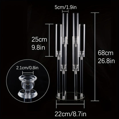 Clear Acrylic Six-Arm Candelabra with 68cm Height, 22cm Round Base and 2-, 4-, 10-, 12- or 20-Piece Options